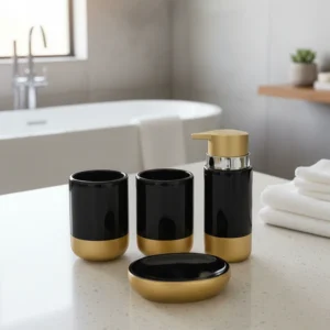 Glossy Black & Gold Dipped Bath Set