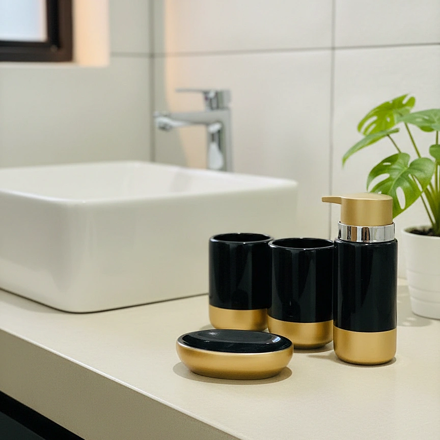 Glossy Black & Gold Dipped Bath Set - Image 2
