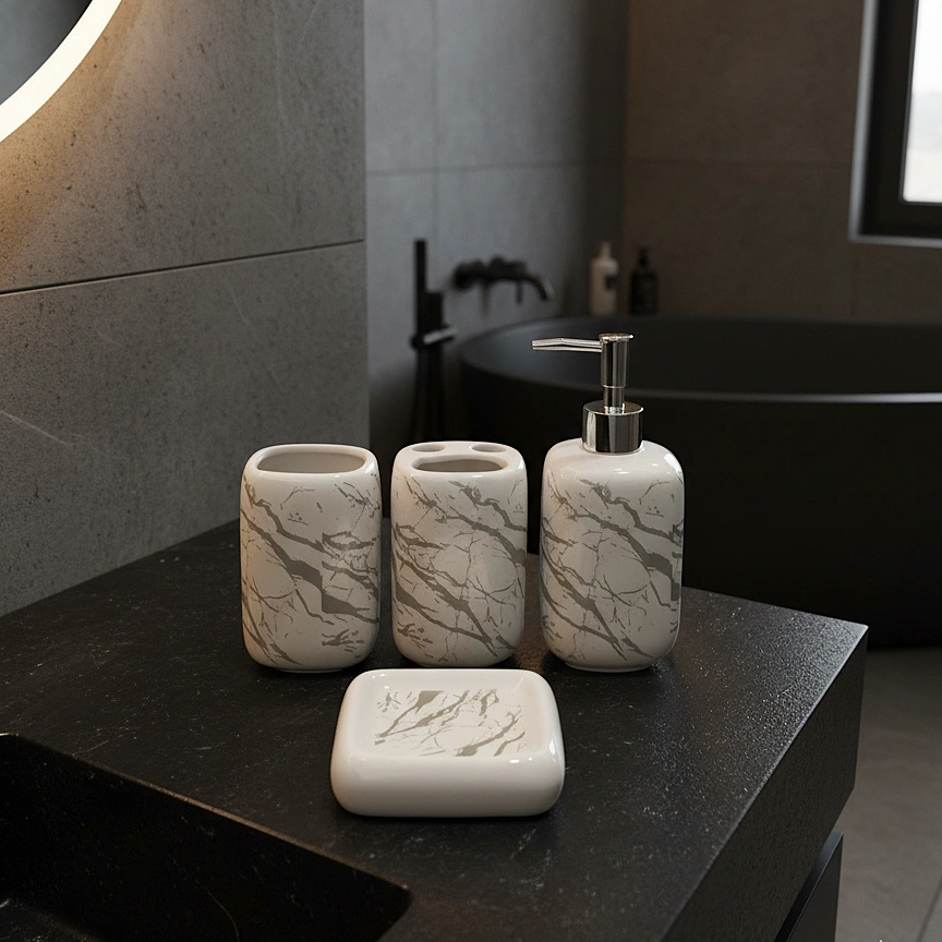 White & Grey Marble Texture Bath Set - Image 2