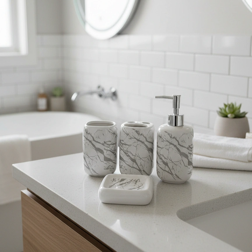 White & Grey Marble Texture Bath Set - Image 3