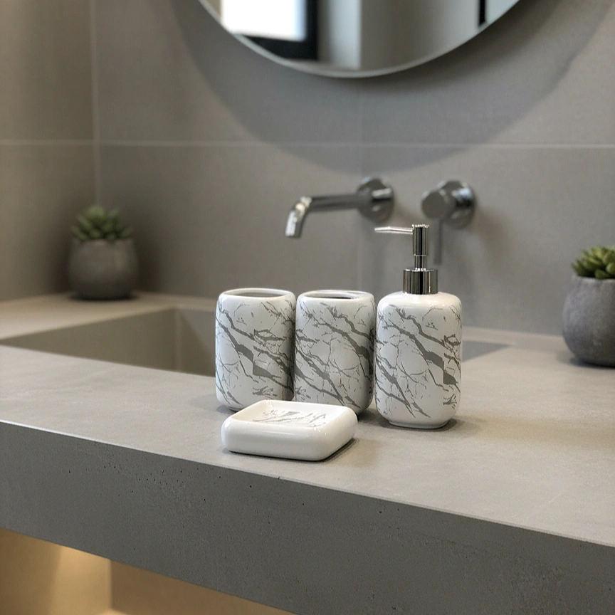 White & Grey Marble Texture Bath Set - Image 4