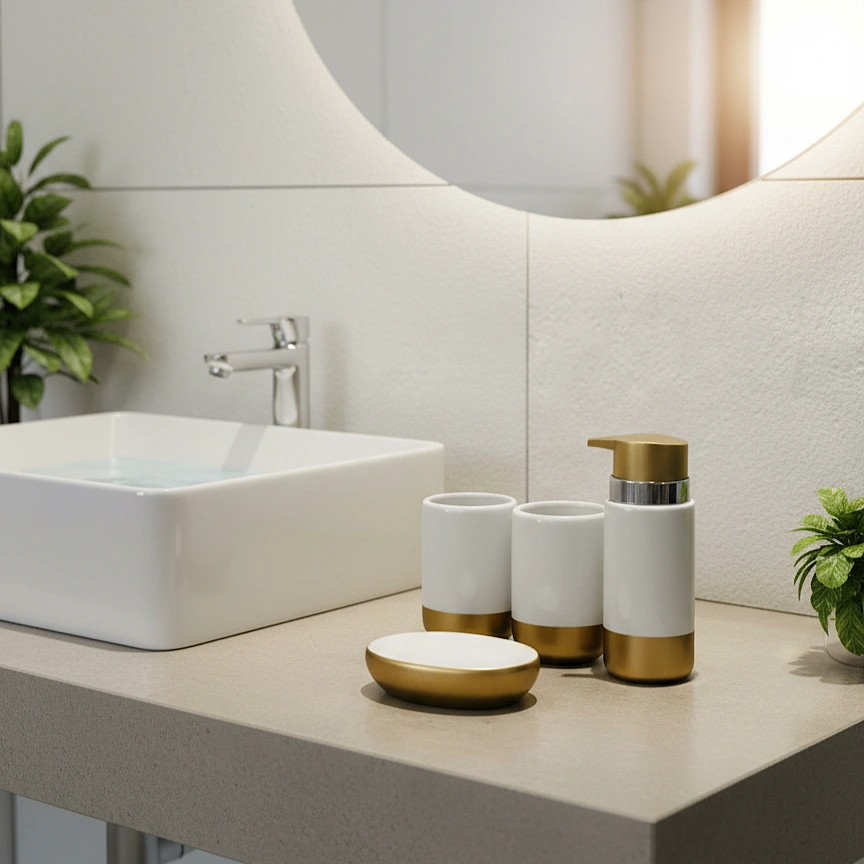 White & Matte Gold Dipped Bath Set - Image 2