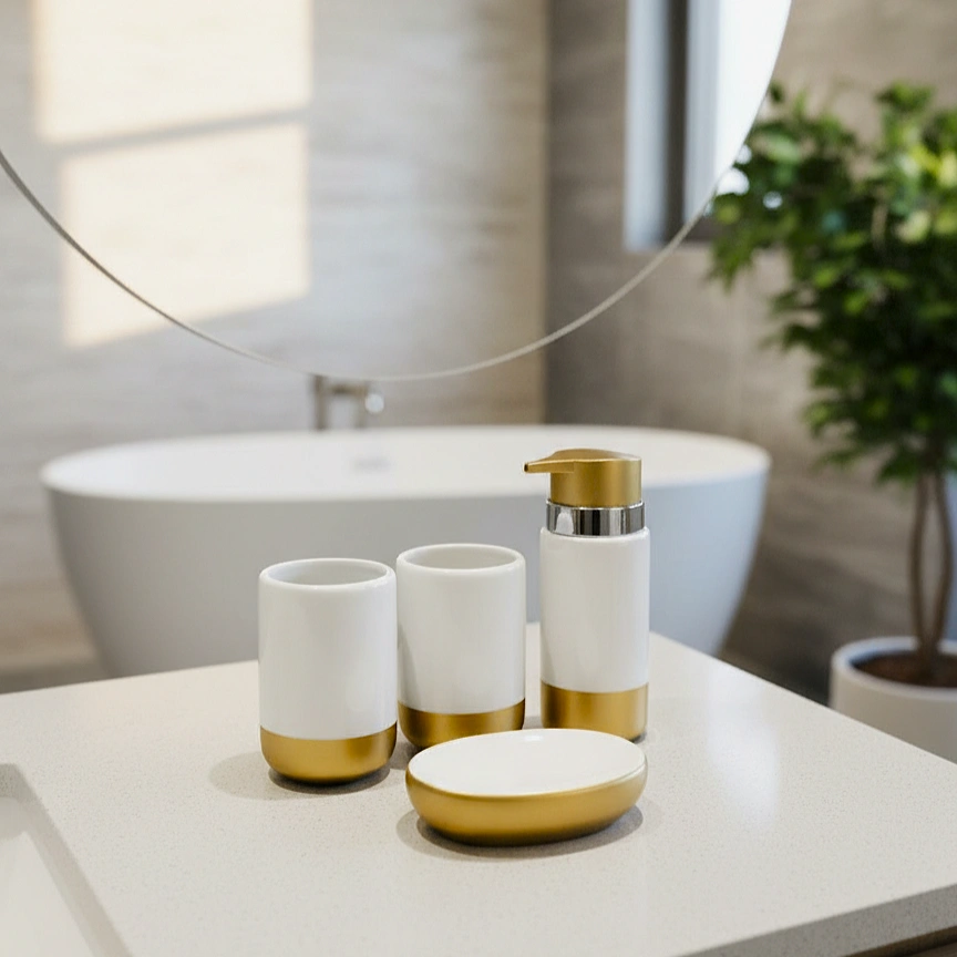 White & Matte Gold Dipped Bath Set - Image 3