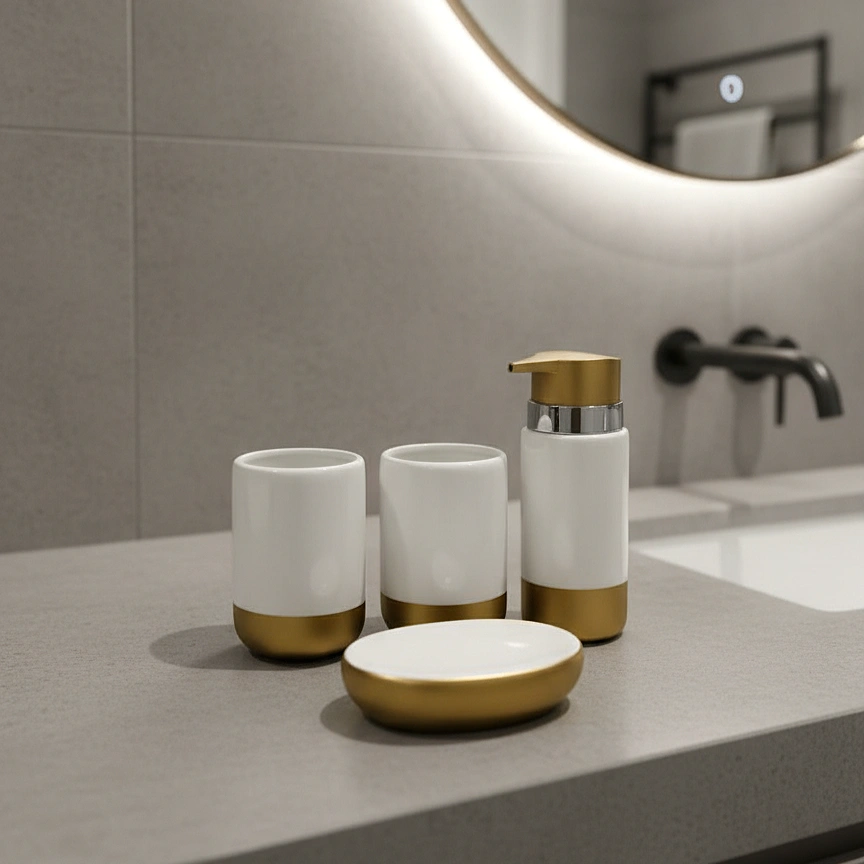 White & Matte Gold Dipped Bath Set - Image 4