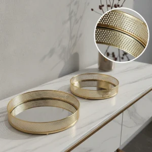 The Elara Gilded Perforated Mirror Tray Set of 2